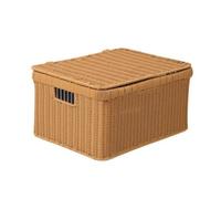 Fxzqgnh Panier Rectangulaire avec Couvercle Compact Panier Tressé avec Couvercle Portable Boîte Rangement En Plastique Tressé pour Placard, Chambre, Maison, Brun Clair, Petit 35 25 19CM