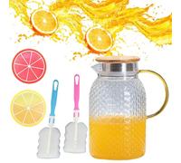 Fycooler Carafe à eau en verre borosilicate avec couvercle, carafe avec couvercle, 1,8 l pour eau chaude/froide, jus de thé glacé, piment et pique-nique avec 2 sous-verres en silicone et 2 brosses