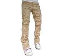 FYCYGG Jean Homme Stretch à Jambes Empilées, Coupe Slim, Déchiré, Patchwork, Effiloché, Coupe Droite, Style Skinny Évasé(Dark Khaki,XL)