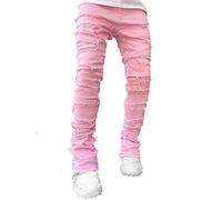 FYCYGG Jean Homme Stretch à Jambes Empilées, Coupe Slim, Déchiré, Patchwork, Effiloché, Coupe Droite, Style Skinny Évasé(Pink,XL)
