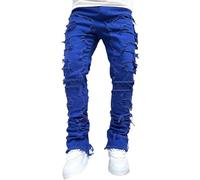 FYCYGG Jean Homme Stretch à Jambes Empilées, Coupe Slim, Déchiré, Patchwork, Effiloché, Coupe Droite, Style Skinny Évasé(Blue,S)