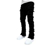 FYCYGG Jean Homme Stretch à Jambes Empilées, Coupe Slim, Déchiré, Patchwork, Effiloché, Coupe Droite, Style Skinny Évasé(Black,S)