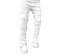 FYCYGG Jean Homme Stretch à Jambes Empilées, Coupe Slim, Déchiré, Patchwork, Effiloché, Coupe Droite, Style Skinny Évasé(White,XL)
