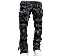 FYCYGG Jean Homme Stretch à Jambes Empilées, Coupe Slim, Déchiré, Patchwork, Effiloché, Coupe Droite, Style Skinny Évasé(Black Print,L)
