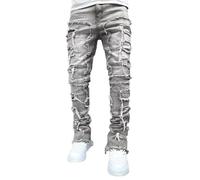 FYCYGG Jean Homme Stretch à Jambes Empilées, Coupe Slim, Déchiré, Patchwork, Effiloché, Coupe Droite, Style Skinny Évasé(Gray,XL)