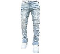 FYCYGG Jean Homme Stretch à Jambes Empilées, Coupe Slim, Déchiré, Patchwork, Effiloché, Coupe Droite, Style Skinny Évasé(Light Blue,M)