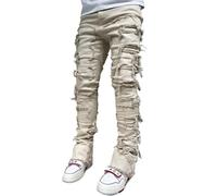 FYCYGG Jean Homme Stretch à Jambes Empilées, Coupe Slim, Déchiré, Patchwork, Effiloché, Coupe Droite, Style Skinny Évasé(Apricot,S)