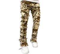 FYCYGG Jean Homme Stretch à Jambes Empilées, Coupe Slim, Déchiré, Patchwork, Effiloché, Coupe Droite, Style Skinny Évasé(Camouflage,S)