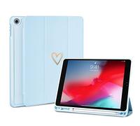 Fycyko Étui pour iPad 10,2 Pouces, iPad 9ème/8ème/7ème Génération 2021/2020/2019 Coque avec Porte-Crayons, Femmes Filles Motif Coeur Étui pour 9ème/8ème/7ème -Bleu