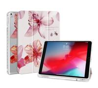 Fycyko Étui pour iPad 6e/5e Génération 2018/2017,iPad 9.7 Pouces Transparent Clair au Dos Coque avec Porte-Crayon et Support Trifold,Étui de Protection Cute Motif Hibiscus Lys Fleur Rose