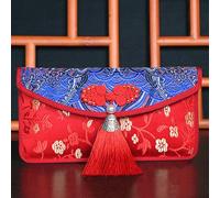 Fyearfly Enveloppe rouge avec perles artificielles, pompons et boucle magnétique, porte-monnaie en soie brodée pour le Nouvel An chinois, mariage et cadeaux