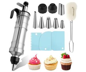 Fyeme Lot de 13 seringues à garnir en acier inoxydable avec 6 douilles, 3 grattoirs - Seringues à pâtisserie avec brosse - Seringue à confiture réutilisable pour beignets pour préparer des desserts et