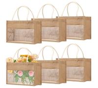 Fyeme Lot de 6 sacs de courses en toile de jute - 32 x 22 cm - Poignée en coton élargi - Transparent - Design épissé - Fait à la main - Création pour le shopping, les cadeaux, le rangement, le sac à