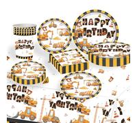 FYFLYMT Kit Vaisselle Anniversaire Chantier pour 20 Invités | 81 Pièces Décoration Fête Excavatrice Assiettes Carton, Gobelets, Serviettes et Nappe