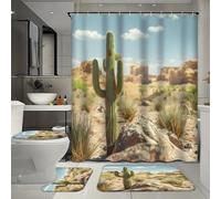 FYFMUSHE Ensemble de 4 pièces de rideau de bain avec motif cactus et tapis de bain, motif plantes d'été, soleil, nature, paysage, ensemble de rideau de douche avec tapis, tapis de bain, tapis de sol