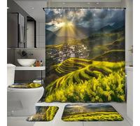 FYFMUSHE Ensemble de 4 pièces de salle de bain à fleurs colorées avec rideau de bain et tapis, soleil du matin moderne, motif fleurs jaunes, ensemble de rideau de douche avec tapis, tapis de bain