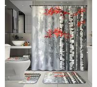 FYFMUSHE Ensemble de 4 pièces de salle de bain rustique avec rideau de bain et tapis, motif paysage végétal et forêt, ensemble de rideau de douche avec tapis, tapis de bain, tapis de sol en forme de U