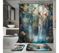 FYFMUSHE Ensemble de salle de bain 4 pièces avec rideau de bain et tapis, motif colibri volant, motif animaux de la forêt rustique, ensemble de rideau de douche avec tapis, tapis de bain, tapis de sol