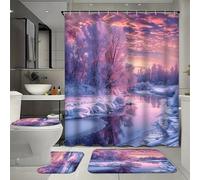 FYFMUSHE Ensemble de salle de bain 4 pièces motif forêt d'hiver abstrait avec rideau de bain et tapis, beau paysage enneigé de rivières, ensemble de rideau de douche avec tapis, tapis de bain, tapis
