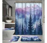 FYFMUSHE Ensemble de salle de bain moderne 4 pièces avec rideau de bain et tapis, beau paysage de montagne enneigée, ensemble de rideau de douche avec tapis, tapis de bain, tapis de sol en forme de U
