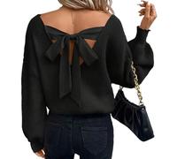 FYHTC Femme Pull Noeud Epaule Tombee Col Rond Col V Automne Pulls Hauts(Black,Small)