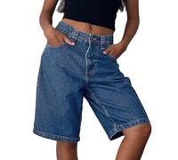 FYHTC Short en Jean Ample pour Femme Style Bermuda Y2K, Taille Basse Jambes Larges Tendance Décontracté Été(Dark Blue,Small)