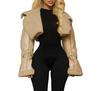 FYHTC Veste en Cuir pour Femme Col en Fourrure Veste de Moto Épais Doublé en Polaire Manteau Trench dHiver Veste Courte en Shearling(Khaki,Large)