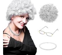 Fyihoxi 3 Stück Perruque Grand Mere, Old Lady Costume, Déguisement Vieille Femme, Grand-mère Cosplay Accessoires Set Perruque Wig Cap Lunettes Pearl Collier pour Cosplay Halloween