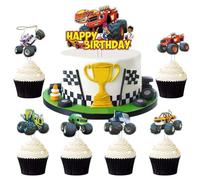 FYJCXCMP Cartoon Truck Cake Topper 7 pièce Blaze et Les Cartoon Machines Décorations de Gâteau Rondes Acrylique Cupcake Toppers pour Baby Shower Décorations de Fête d'anniversaire de Mariage