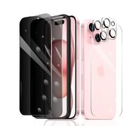 Fylnatc 2 protecteurs d'écran de confidentialité pour iPhone 15 + 2 protecteurs d'objectif d'appareil photo + 1 film arrière en verre trempé + 1 cadre d'installation, anti-espion dureté 9H, sans