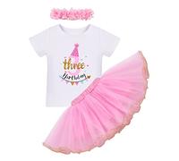 FYMNSI Bébé Fille Enfants 3ème Troisième Fête d'anniversaire Tenue Coton À Manches Courtes T-Shirt Top Princesse Tutu Tulle Jupe Bowknot Bandeau 3pcs Ensemble De Vêtements Photographie Rose 3 Ans