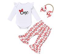 FYMNSI Bébé Fille Ensemble de Vêtements Première Tenue d'anniversaire Minnie Coton Manche Longue Barboteuse Pantalon Bandeau Enfants Infantile Automne Tenues Set Rouge Noeud Papillon 6-12 Mois