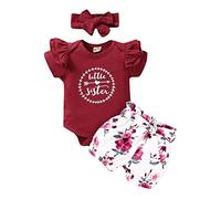 FYMNSI Bébé Fille Mode Vêtements Petite Soeur Manche Courte Barboteuse Salopette Court Pantalon Floral Bandeau Lettre Imprimer Tenues Vin Rouge 12-18 Mois