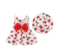 FYMNSI Bébé Robe d'été décontractée pour Fille en Coton avec Chapeau 2pcs Ensemble Imprimé de Fraise Noeud Papillon sans Manches Marige Princess Ceremonie Tout Petit Vêtements Rouge Fraise 12-18 Mois