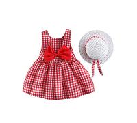 FYMNSI Bébé Robe d'été décontractée pour Fille en Coton avec Chapeau 2pcs Ensemble Plaid à Imprimé Noeud Papillon sans Manches Marige Princess Ceremonie Naissance Tout Petit Vêtements Rouge 6-12 Mois