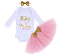 FYMNSI Bébés filles 1er anniversaire Tutu Set Manche Longue Body Barboteuse + Jupe Tutu + Bandeau 1 An Fête Vêtements Premier Anniversaire Tenue de Soirée Cérémonie Robe Photographie 3 Pièces
