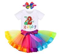 FYMNSI Bébés Filles Mon 2ème Deuxième Anniversaire Set Coton À Manches Courtes Barboteuse Arc-en-ciel Tutu Jupe Bandeau Nœud Papillon 2 Ans Fête Vêtements Tenue 3 Pièces Arc-en-ciel 2 ans