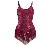FYMNSI Body de danse latine à paillettes pour femme - Sans manches - Paillettes scintillantes à franges - Body - Justaucorps - Leotard - Combinaison - Maillot de gymnastique XS-XL, rouge bordeaux, M