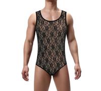 FYMNSI Body sexy en dentelle pour homme - Sans manches, Dentelle noire., XL