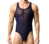 FYMNSI Body sexy pour homme - Transparent - Sans manches - Sous-vêtements - Coupe haute - Maillot de corps une pièce, bleu foncé, M