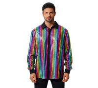 FYMNSI Chemise à paillettes à manches longues pour homme - Costume de fête disco des années 70 - Boutonné - Métallique - Pour boîte de nuit - Carnaval, coloré, L
