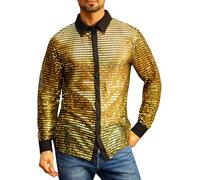 FYMNSI Chemise à paillettes à manches longues pour homme - Costume de fête disco des années 70 - Boutonné - Brillant - Transparent, or, M