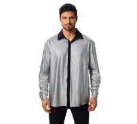 FYMNSI Chemise à paillettes à manches longues pour homme - Costume de fête disco des années 70 - Boutonné - Métallique - Pour boîte de nuit - Carnaval, argenté, 3XL