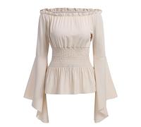 FYMNSI Chemisier de la Renaissance pour femme - Épaules dénudées - Manches trompettes - Style gothique Lolita Boho - Style médiéval - À manches longues, beige, S