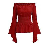 FYMNSI Chemisier de style Renaissance pour femme - Épaules dénudées - Manches trompettes - Style gothique Lolita Boho - Style médiéval smocké - Manches longues, rouge, XXL