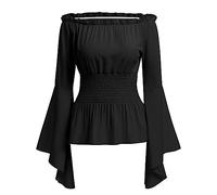 FYMNSI Chemisier Renaissance Femme Épaules Dénudées, Manches Trompette, Style Gothique Lolita Bohème Médiéval, Smocké, Manches Longues, Noir, XXL