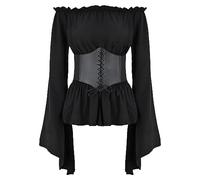 FYMNSI Chemisier Renaissance pour femme - Épaules dénudées - Manches trompettes - Style gothique Lolita Boho - Style médiéval smocké - Manches longues, Noir + ceinture corset, XL