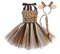 FYMNSI Costume d'animal d'Halloween pour bébé fille - Vache tigre léopard, zèbre, girafe, tutu avec oreilles, bandeau, queue, girafe, 3-4 ans