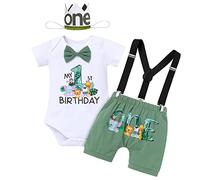 FYMNSI Costume de fête pour bébé garçon Jungle 1er anniversaire en coton à manches courtes + short + bretelles, Vert petit pois, 12-18 mois