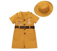 FYMNSI Costume de gardien de zoo pour enfants bébés filles garçons safari jungle chercheur explorateur ensemble combinaison une pièce à manches courtes avec chapeau, jaune, 6-12 mois